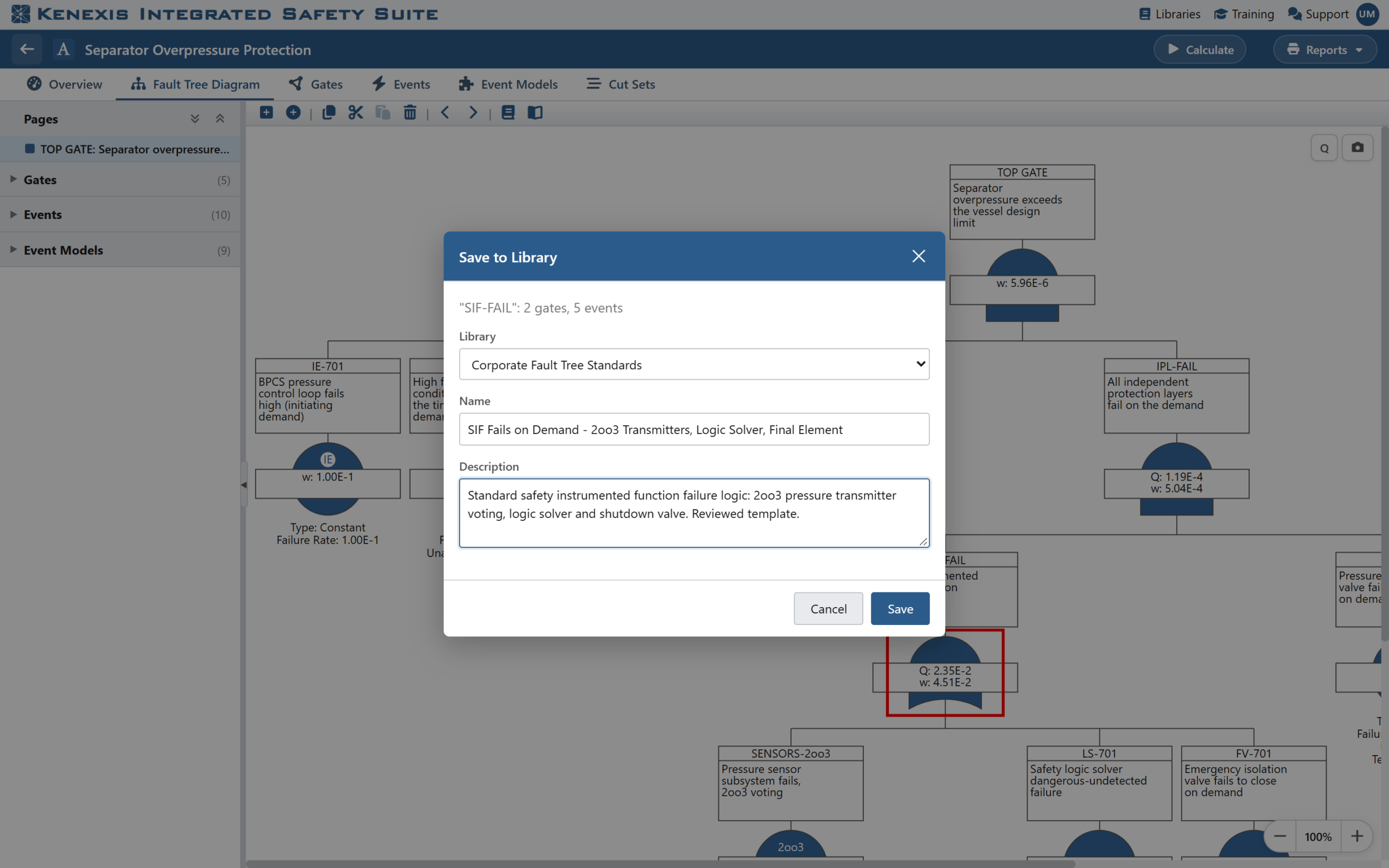 Kenexis® Fault Tree - Figure: Save any branch of a fault tree to a Kenexis Integrated Safety Suite library as a named, described part.