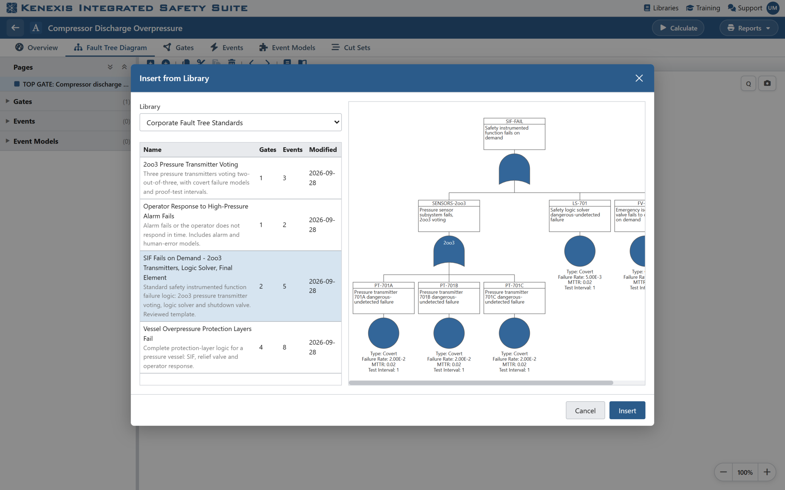 Kenexis® Fault Tree - Figure: Insert from Library: browse a library's parts and preview each one as a diagram before inserting it.