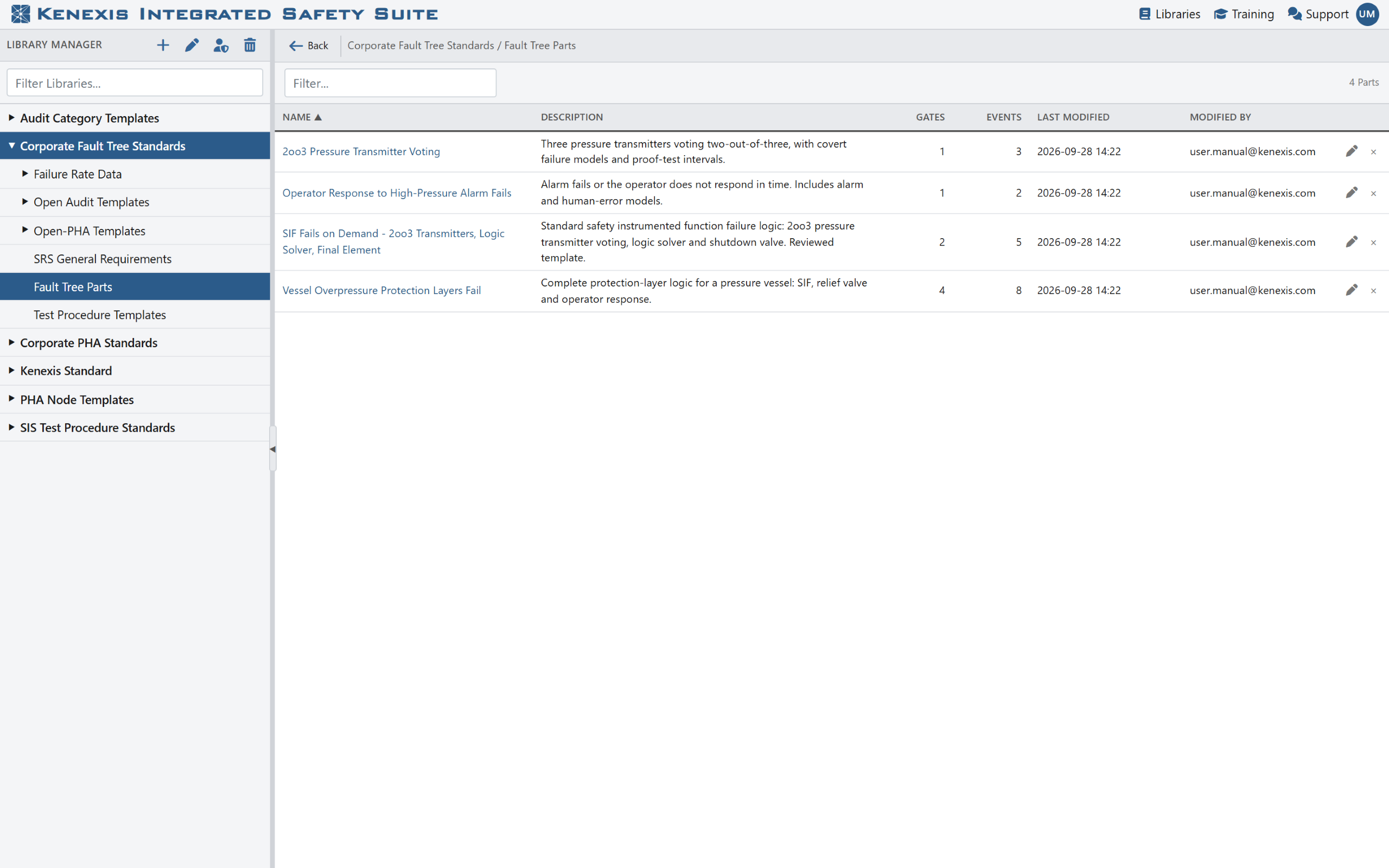Kenexis® Fault Tree - Figure: The Fault Tree Parts section of the Library Manager lists each part with its size, last change and author.